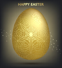 Decorative Easter golden egg with patterns, mandala. Traditional hand drawn ornamental floral spring egg. Abstract geometric vector illustration for Easter holiday, greeting card, invitation, web