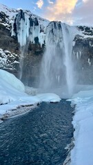Iceland, waterfall in winter, Seljalandsfoss