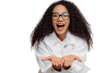 Portrait of glad dark skinned woman keeps palms outstretched, friendly expression, sends air kiss to lover, has curly hairstyle, wears optical eyewear and white jacket, poses against pink background