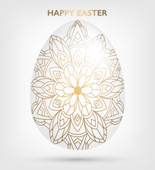 Decorative Easter white egg with golden patterns, mandala. Traditional ornamental floral spring egg. Abstract geometric vector illustration for Easter holiday, greeting card, invitation, web design