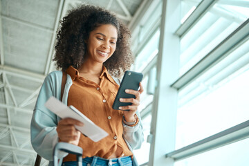 Black woman at airport, travel with smartphone and plane ticket, communication and check social...