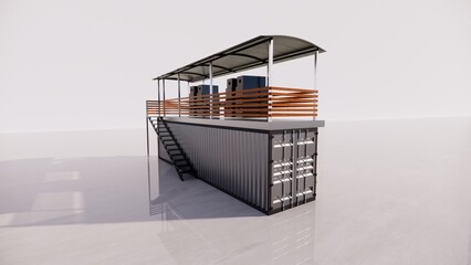 40 feet container 2 floors with Dj at the top 3d rendering realistic architecture- illustration minimalist cafe, cafetaria, kiosk, stall, restaurant, coffee shop, food court,  and bar  design  