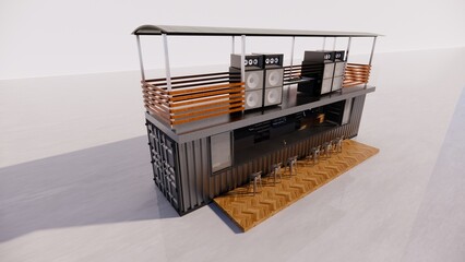 40 feet container 2 floors with Dj at the top 3d rendering realistic architecture- illustration minimalist cafe, cafetaria, kiosk, stall, restaurant, coffee shop, food court,  and bar  design  