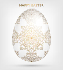 Decorative Easter white egg with golden patterns, mandala. Traditional ornamental floral spring egg. Abstract geometric vector illustration for Easter holiday, greeting card, invitation, web design