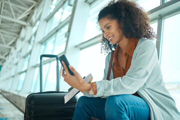 Travel ticket, phone and black woman at airport on a video call waiting for plane and flight....