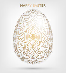Decorative Easter white egg with golden patterns, mandala. Traditional ornamental floral spring egg. Abstract geometric vector illustration for Easter holiday, greeting card, invitation, web design