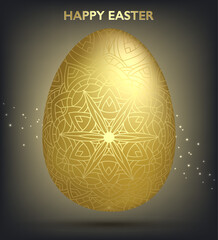 Decorative Easter golden egg with patterns, mandala. Traditional hand drawn ornamental floral spring egg. Abstract geometric vector illustration for Easter holiday, greeting card, invitation, web