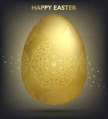 Decorative Easter golden egg with patterns, mandala. Traditional hand drawn ornamental floral spring egg. Abstract geometric vector illustration for Easter holiday, greeting card, invitation, web