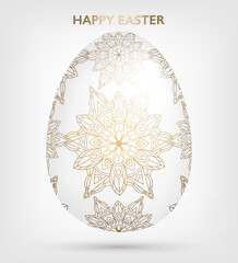Decorative Easter white egg with golden patterns, mandala. Traditional ornamental floral spring egg. Abstract geometric vector illustration for Easter holiday, greeting card, invitation, web design