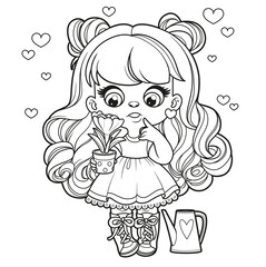 Cute cartoon long haired girl holds a crocus in pot and wonders how to care for it outlined for coloring page on white background