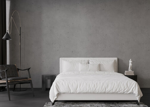 Interior mock up, loft style. Empty concrete wall in modern bedroom. Copy space for your artwork, picture, poster. Industrial style interior design. Apartment or hotel room. 3D rendering.