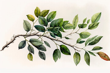 Green watercolor branch with leaves. AI generation