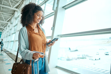 Black woman at airport, travel with smartphone and flight, communication and check social media...