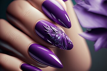 Close up beautiful woman nails purple color. Skin care for hands, manicure and beauty treatment. Elegant and graceful hands with slender graceful fingers. AI generative