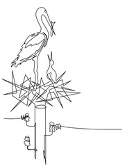 Stork feeds a chick in a nest on a electrical pole. Editable vector minimalistic black and white image made in continuous one-line art technique