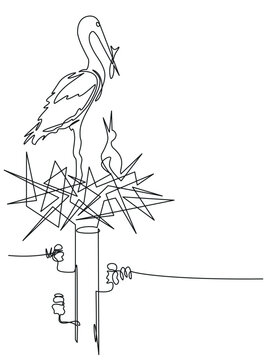 recommend clip art: Stork feeds a chick in a nest on a electrical pole. Editable vector minimalistic black and white image made in continuous one-line art technique