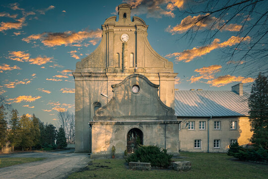 Historic church in the village of Widawa, Poland.