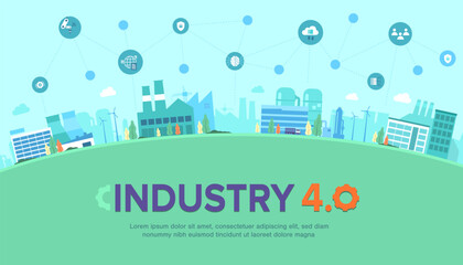 Fototapeta premium Industry 4.0 banner of productions icon set on Urban landscape