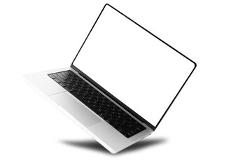 Hovering aluminium laptop with blank screen and new design isolated on a white background