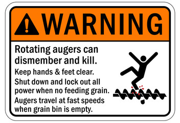 Grain silo hazard sign and labels Rotating augers can dismember and kill, keep hand and feet clear. Shut down and lock out all power when no feeding grain © middlenoodle