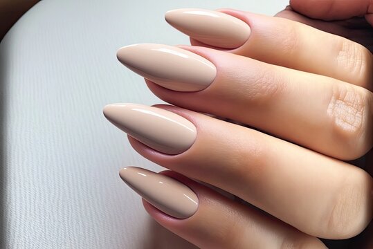 Close up beautiful woman nails beige color. Skin care for hands, manicure and beauty treatment. Elegant and graceful hands with slender graceful fingers. AI generative