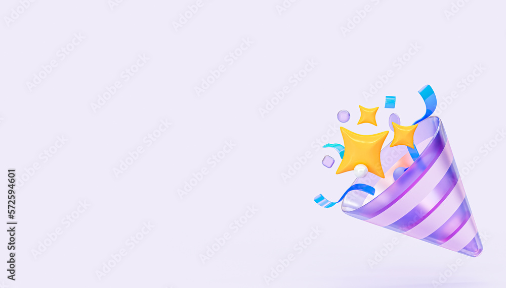 Poster 3d creative party popper with confetti and transparent abstract elements. concept 3d emoji. 3d rende