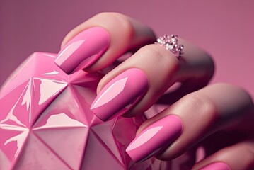 Close up beautiful woman nails pink color. Skin care for hands, manicure and beauty treatment. Elegant and graceful hands with slender graceful fingers. AI generative