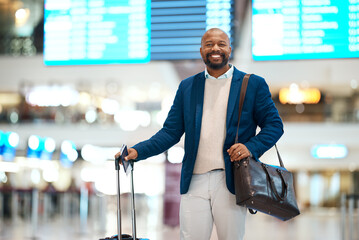 Portrait of black man, airport and smile with luggage and flight schedule display for business...