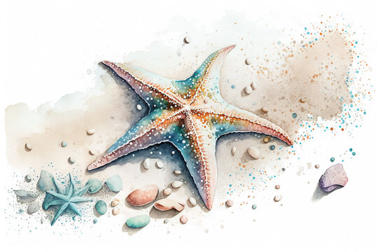 Watercolor beach. Watercolor mosquito star and seashells on the sand. AI generation