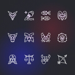 Zodiac horoscope astrological thin line label linear design esoteric stylized elements symbols signs. Vector illustration icons