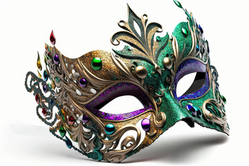 Illustration of a colorful Mardi Gras mask with face and diamonds and silver filigree