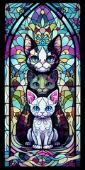 Cats on stained glass window, colorful illustration, pattern background - generative ai