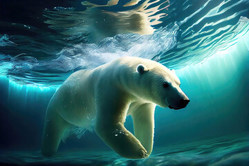 Polar bear swimming under water as wildlife illustration (Generative AI)