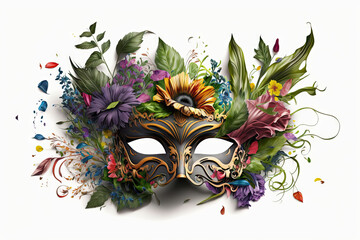 Illustration of a Mardi Gras Mask with colorful flowers and leaves