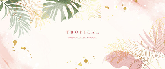Fototapeta na wymiar Tropical foliage watercolor background vector. Summer botanical design with gold line art, monstera, palm, watercolor texture. Luxury tropical jungle illustration for banner, poster and wallpaper.