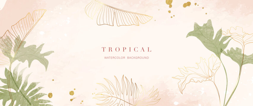 Tropical foliage watercolor background vector. Summer botanical design with gold line art, monstera, palm, watercolor texture. Luxury tropical jungle illustration for banner, poster and wallpaper.
