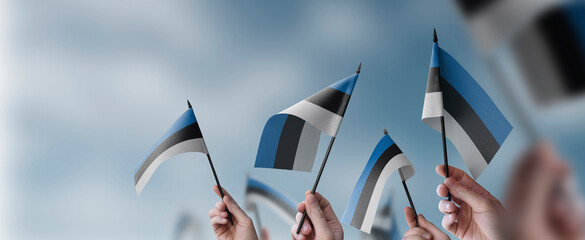 A group of people holding small flags of the Estonia in their hands - obrazy, fototapety, plakaty