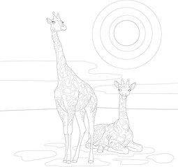 Realistic giraffes in african savannah graphic sketch template. Cartoon vector illustration for children in black and white for games, background, pattern, decor. Coloring paper, page, childrens book