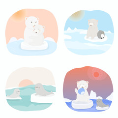 Set of Polar bear and seal on floating ice.