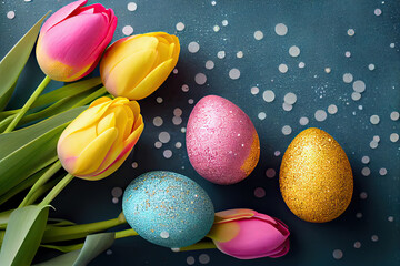 Easter holiday background with pink tulip flowers and an attractive array of colorful quail eggs on blue background. Spring and Easter holiday concept. Generative AI