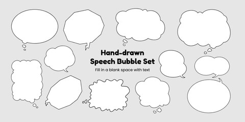 Set of simple, hand-drawn speech bubbles or balloons, including dialogue, comic text, and word balloons. Vector illustrations.