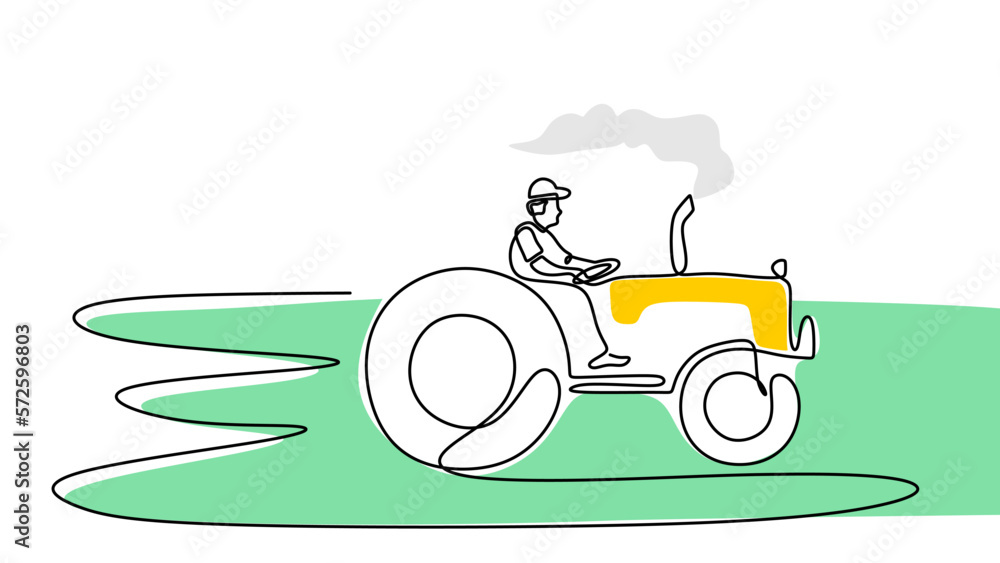 Poster one line drawing of man drive tractor isolated on white background. continuous single line minimalis