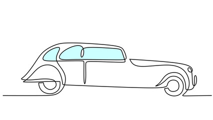 One line drawing of vintage car isolated on white background. Continuous single line minimalism.