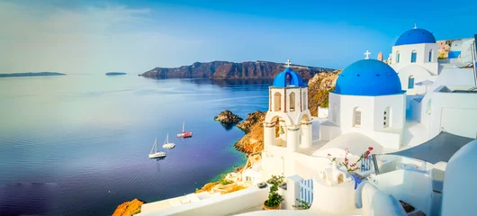 Poster white belfries Santorini island, Greece © neirfy
