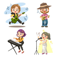 Set of musician band and singer performing cartoon vector
