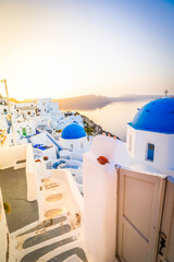 white belfries Santorini island, Greece