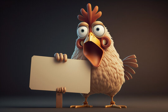 a cartoon chicken holding a blank signboard created by generative AI