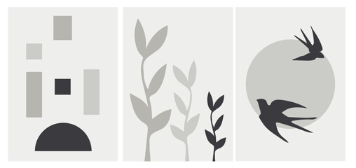Collection of modern simple minimalistic abstractions in boho style with geometric shapes (squares) in bed gray shades with silhouettes of plants and swallows with sun on a colored background