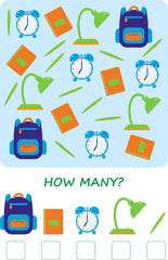 Educational math game for kids. Count how many objects are in the picture.