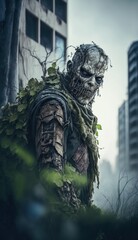 Fototapeta premium Zombie portrait in overgrown apocalyptic city. Generative AI